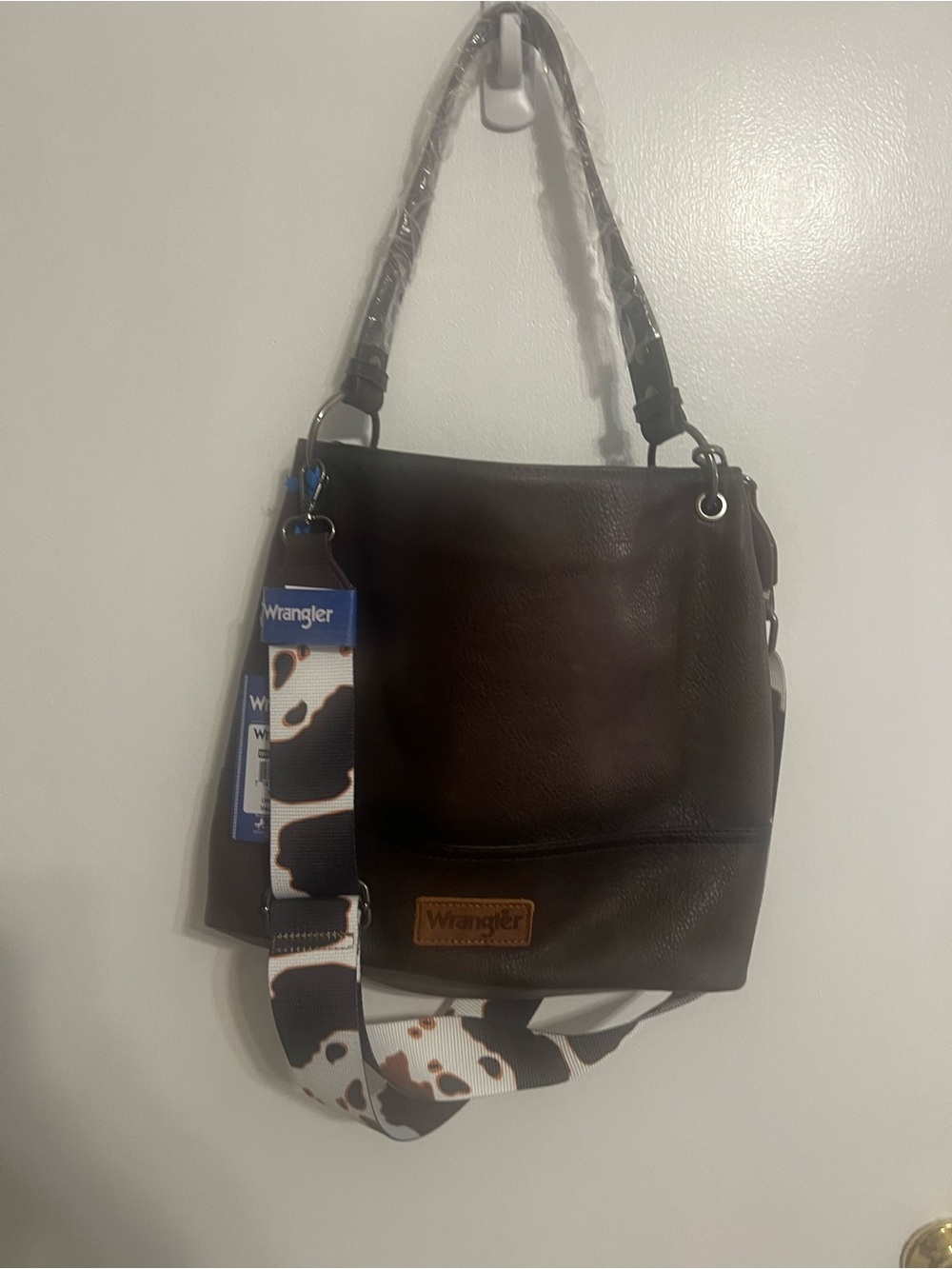 New with Tags Wrangler Brown Leather Shoulder Bag with Patterned Strap